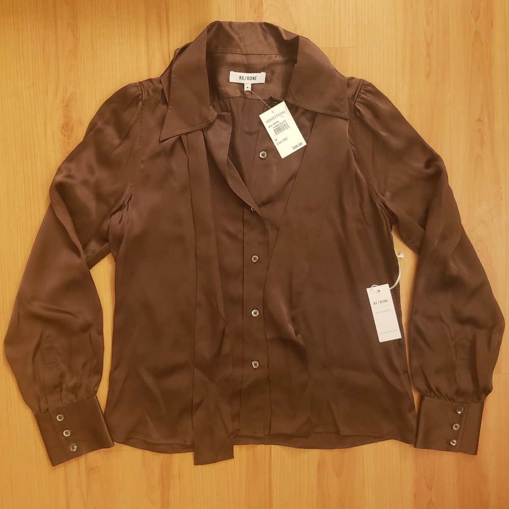 Redone Brown Silk Button Up with Tie